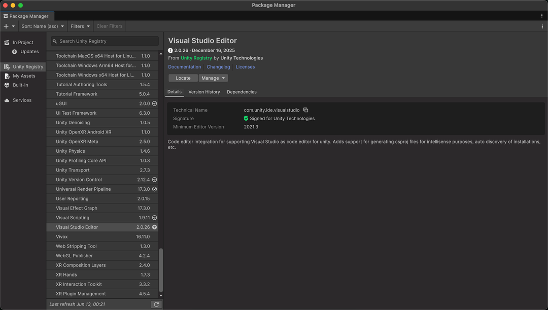 Unity Package Manager 中的 Visual Studio Editor 套件